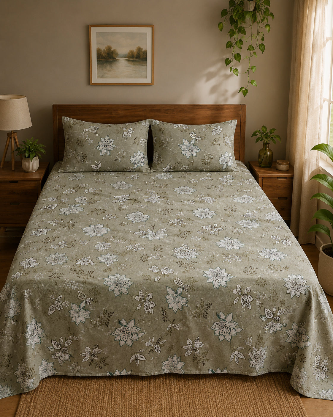 Sage Green Floral Printed Cotton Bedsheet Set with 2 Pillow Covers – Botanical Bloom