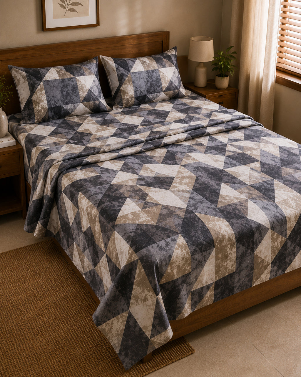 Charcoal Geo Cotton Bedsheet Set – Modern Abstract Geometric Print with 2 Pillow Covers