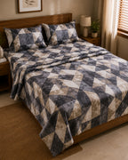 Charcoal Geo Cotton Bedsheet Set – Modern Abstract Geometric Print with 2 Pillow Covers