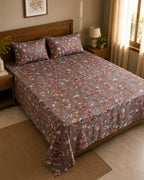 Mocha Bloom Floral Cotton Bedsheet Set – Vintage Botanical Print with 2 Pillow Covers