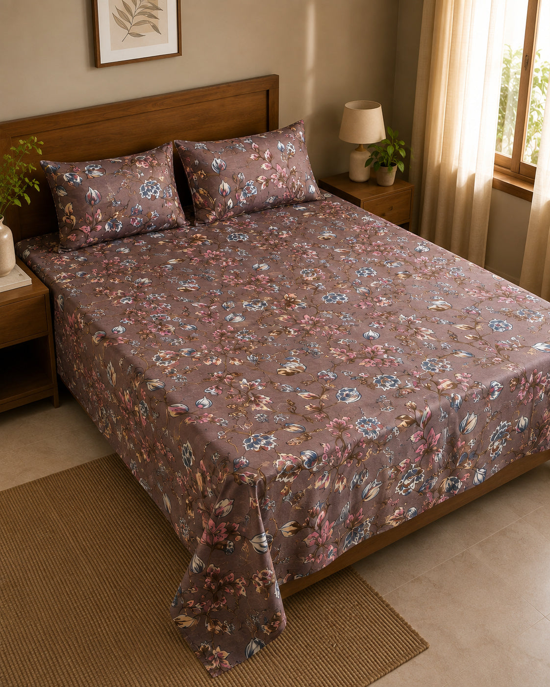 Mocha Bloom Floral Cotton Bedsheet Set – Vintage Botanical Print with 2 Pillow Covers