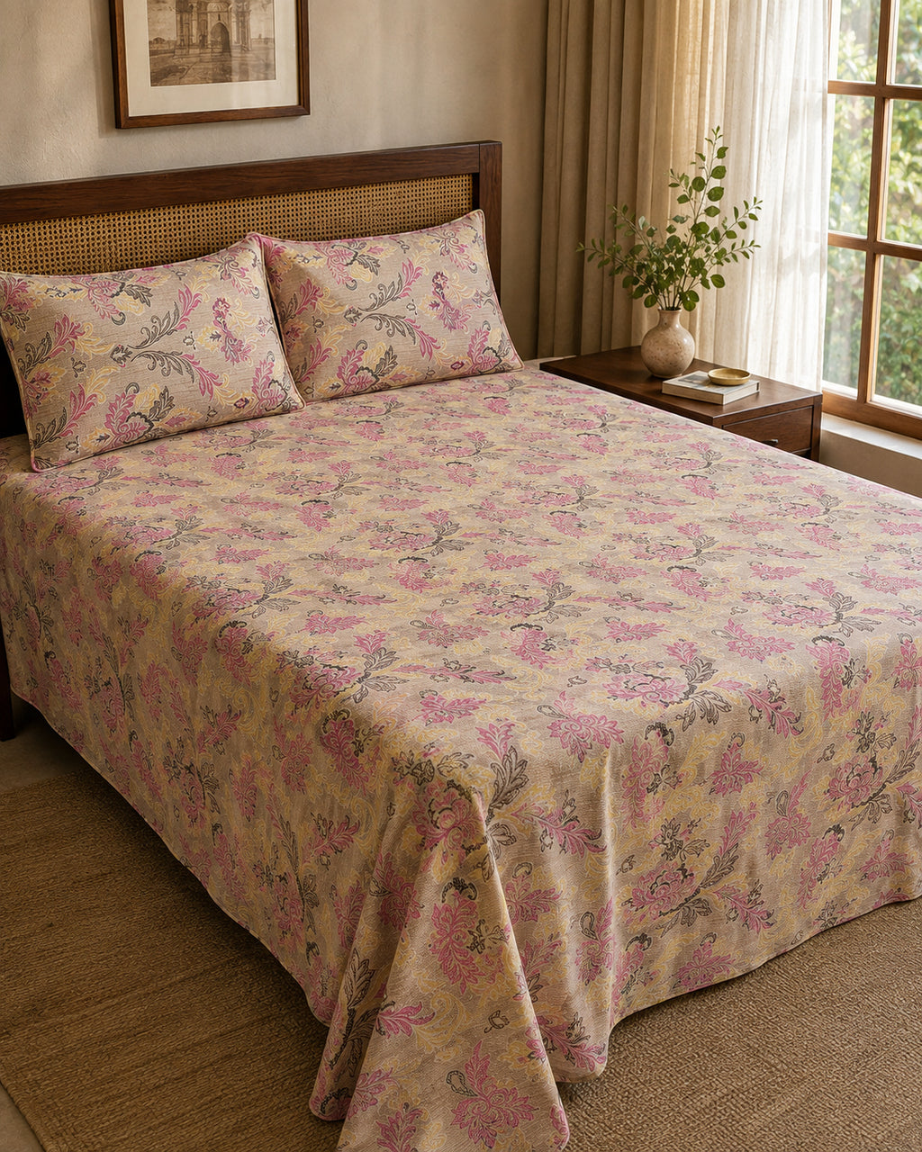 Blush Heritage Floral Cotton Bedsheet Set – Vintage Korean Print with 2 Pillow Covers