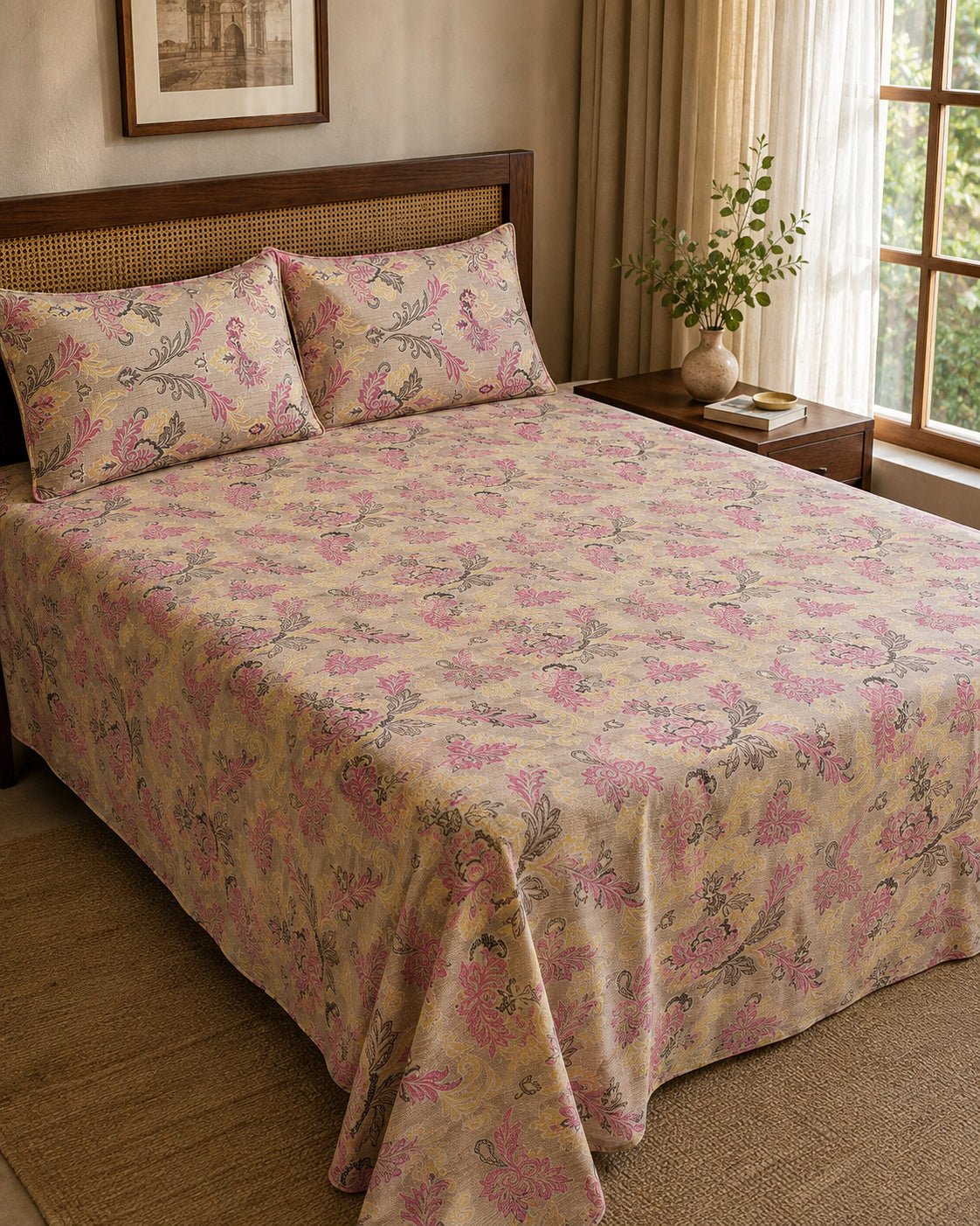 Blush Heritage Floral Cotton Bedsheet Set – Vintage Korean Print with 2 Pillow Covers