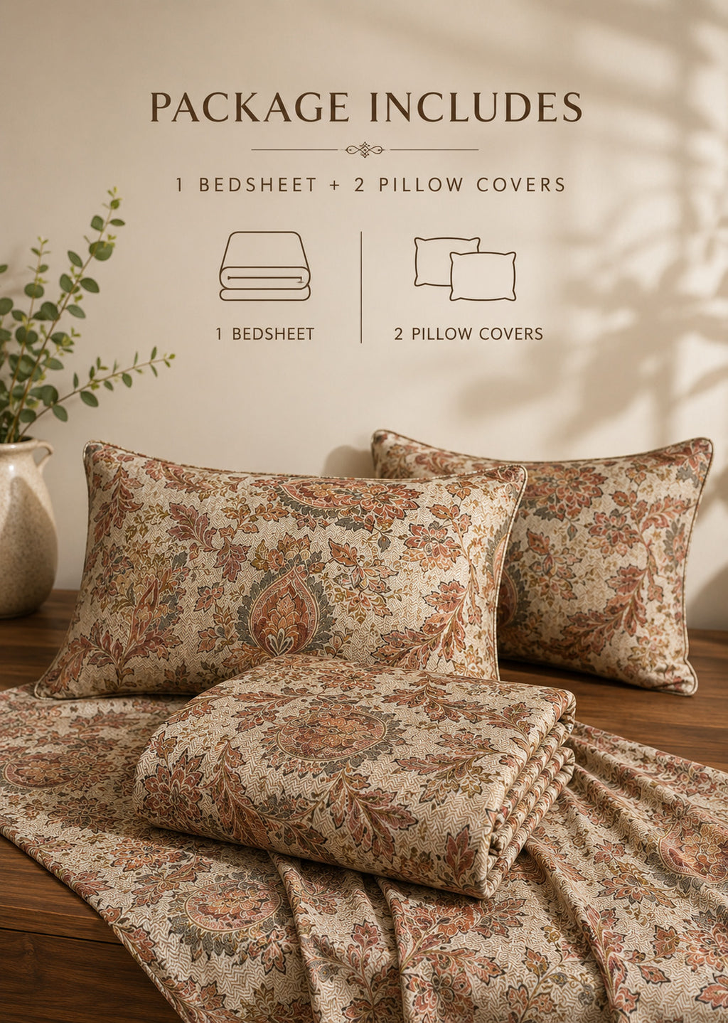 A bedding set displayed on a wooden surface with three patterned pillowcases and a matching folded bedsheet. Text at the top reads 'PACKAGE INCLUDES 1 BEDSHEET + 2 PILLOW COVERS' with simple line drawings.