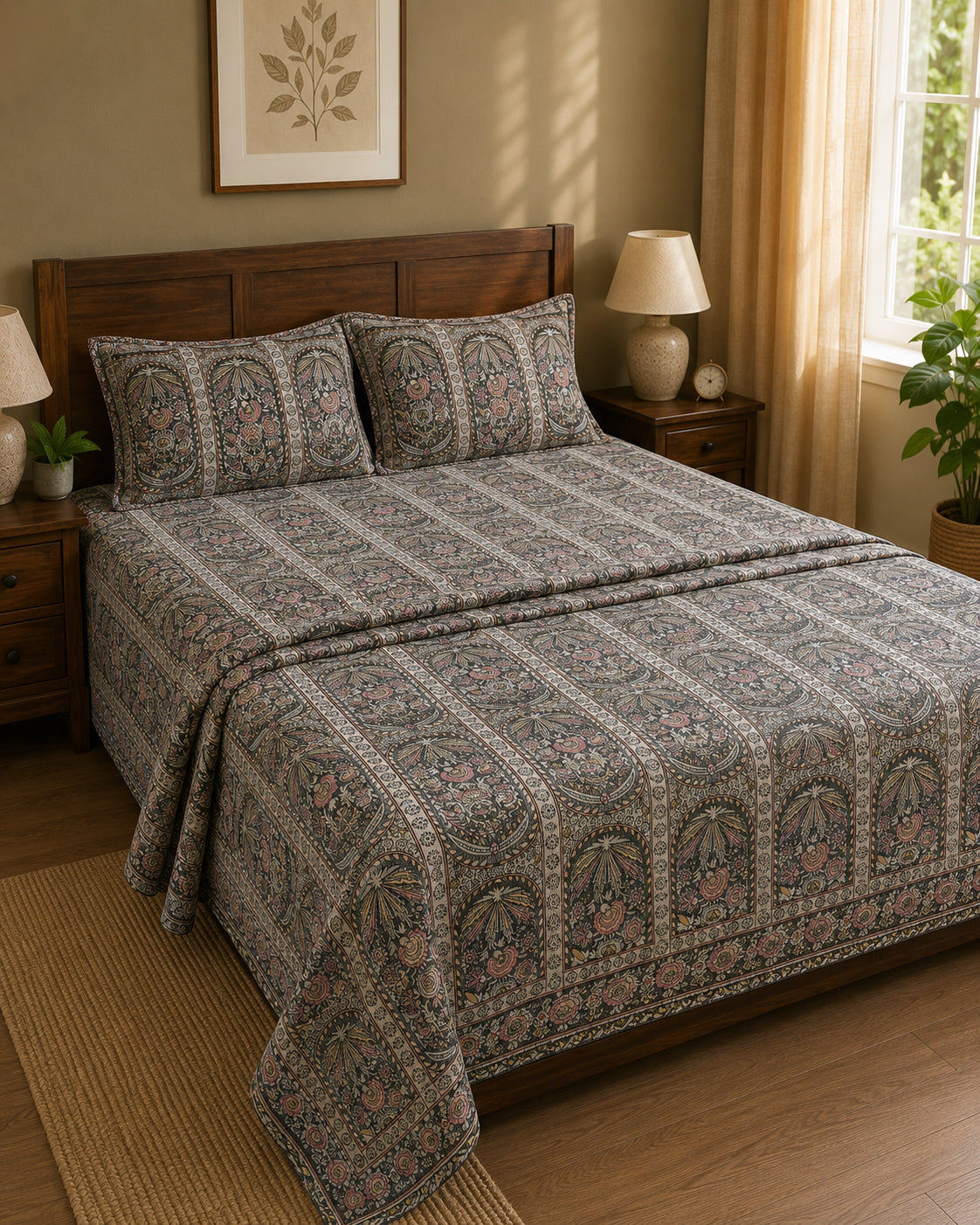 A bed dressed in a patterned quilt and matching pillow shams, shown in a styled bedroom with wooden nightstands, lamps, curtains, and a plant.