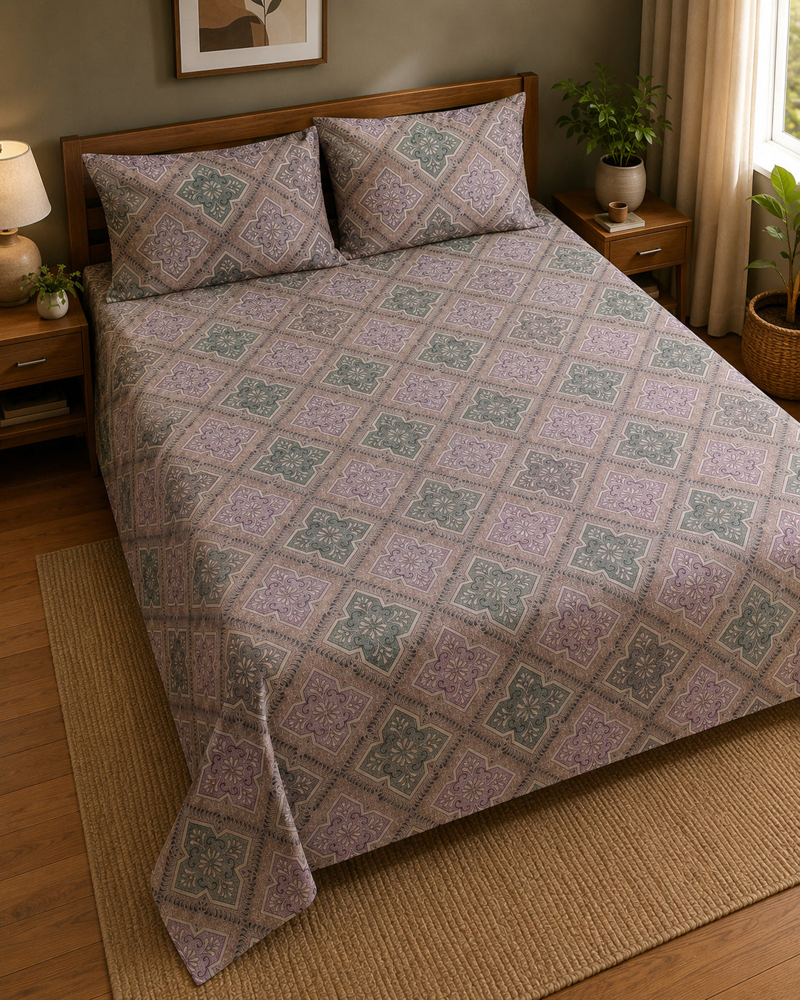 A bed dressed in a patterned quilt and matching pillow shams, shown in a styled bedroom with wooden furniture, plants, and a window.
