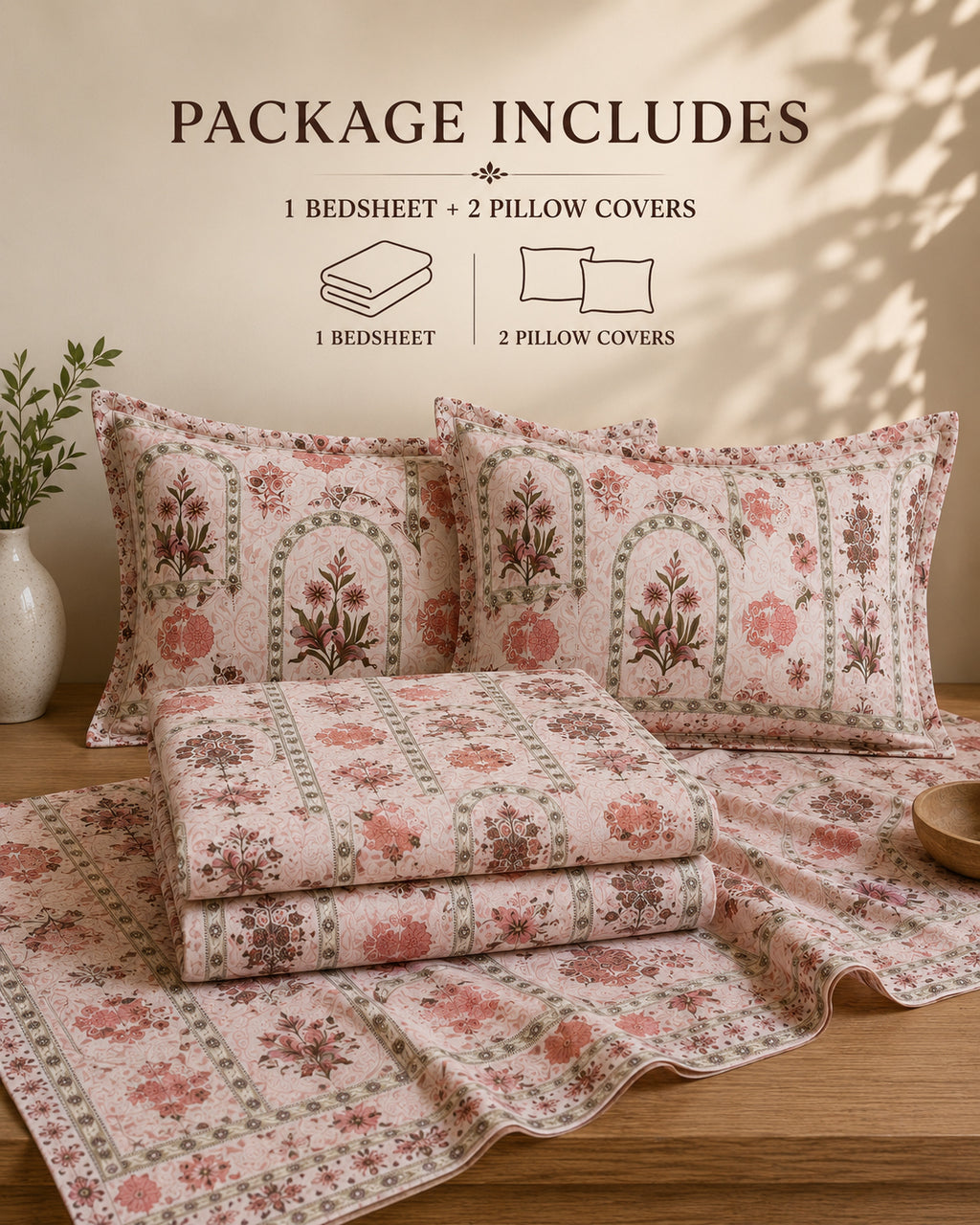 Blush Heritage Floral Cotton Bedsheet Set – Vintage Indian Print with 2 Pillow Covers