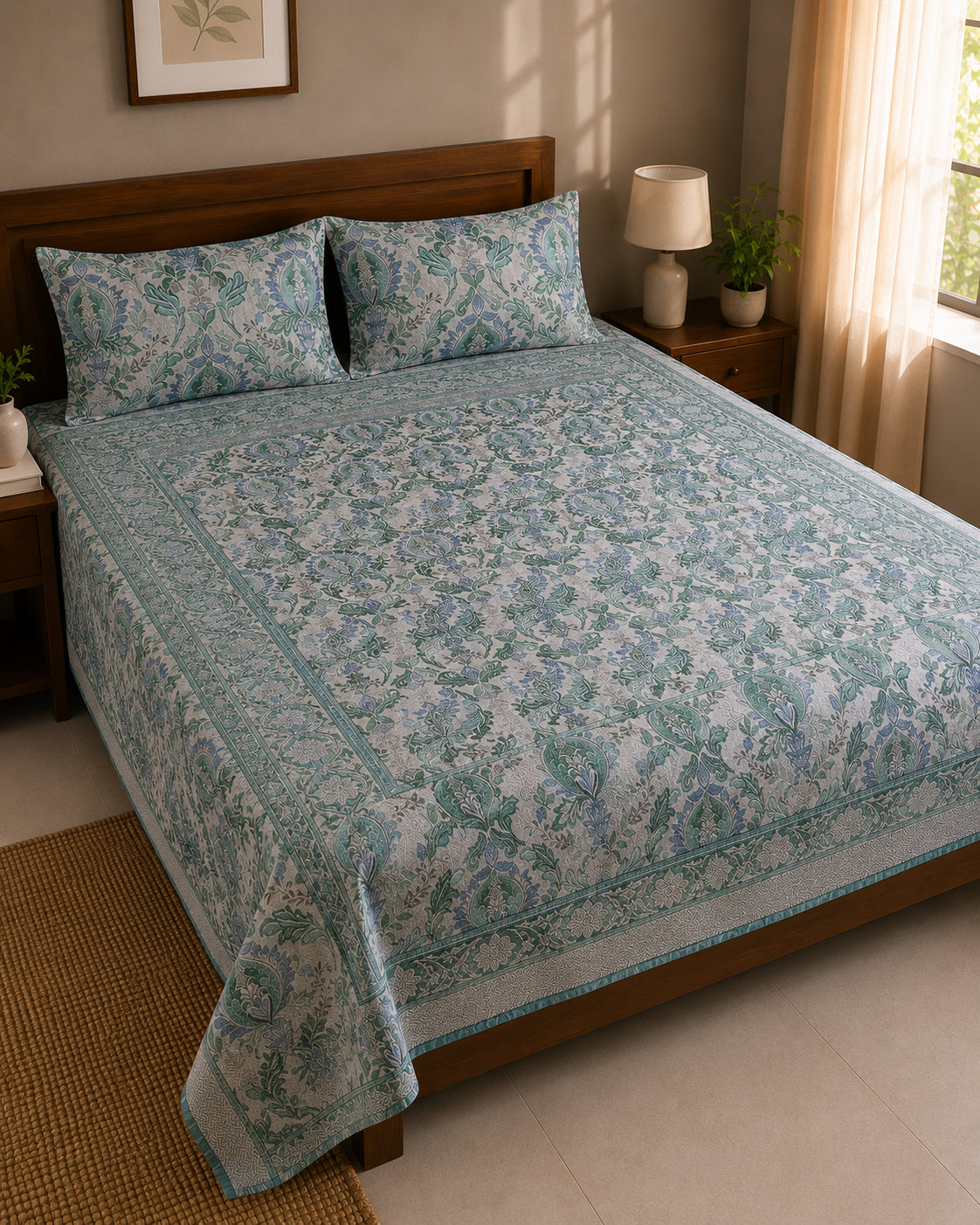 A light blue and white floral patterned bedspread set with matching pillowcases, styled on a wooden bed in a bright, modern bedroom.