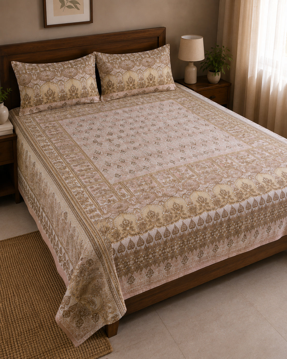 A beige and brown patterned cotton bedspread set with matching pillowcases, styled on a wooden bed in a warm, neutral-toned bedroom.