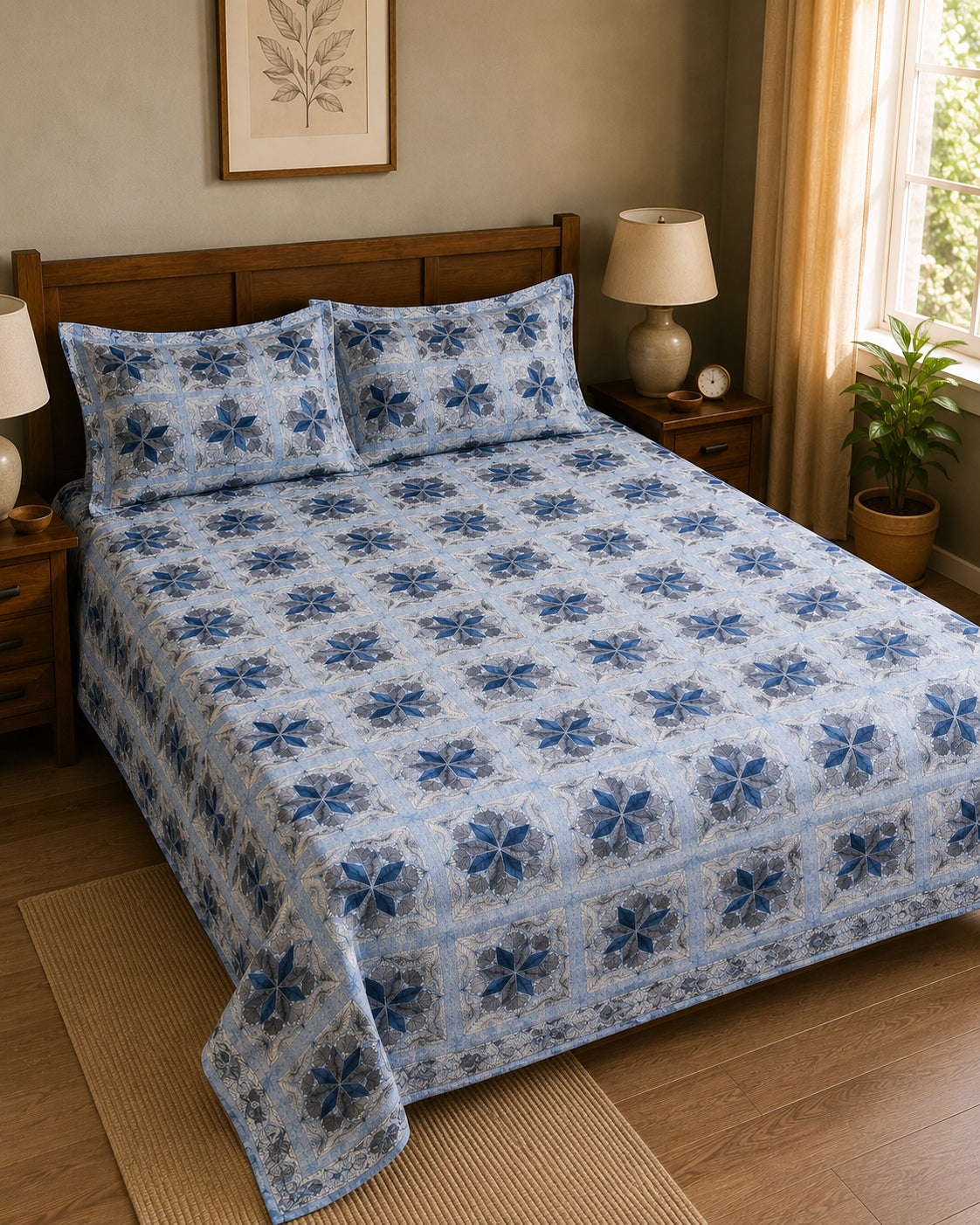 A bed dressed in a light blue and navy floral quilted bedspread with matching pillowcases, shown in a styled bedroom setting with wooden furniture, lamps, and a window.