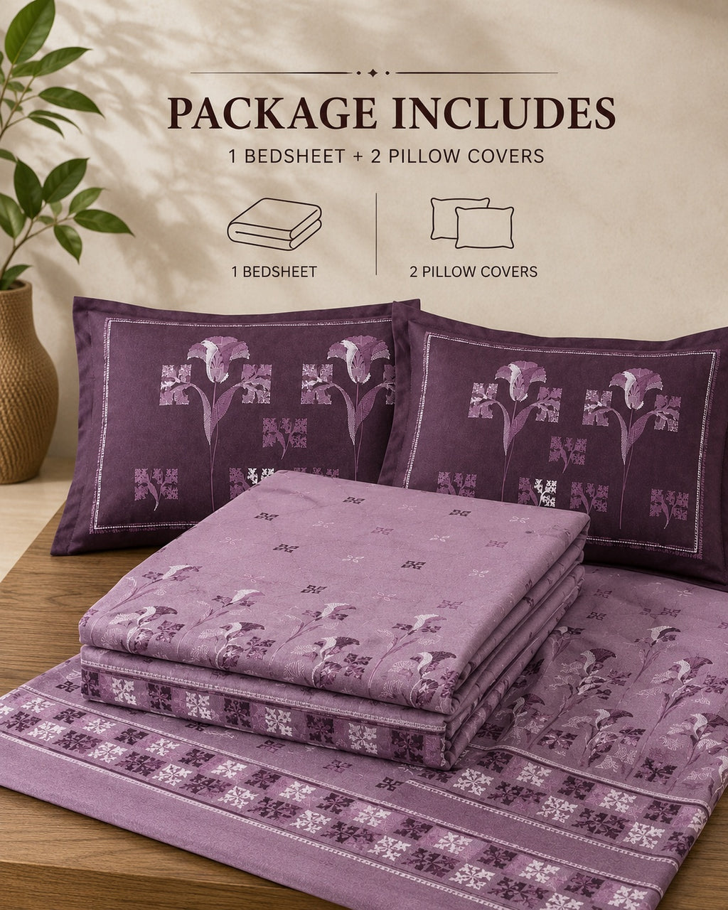 Lavender Floral Bedsheet Set – Elegant Botanical Bloom Print with Paris Heritage Design & 2 Pillow Covers