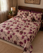 Burgundy Autumn Leaf Cotton Bedsheet Set – Vintage Botanical Print with 2 Pillow Covers