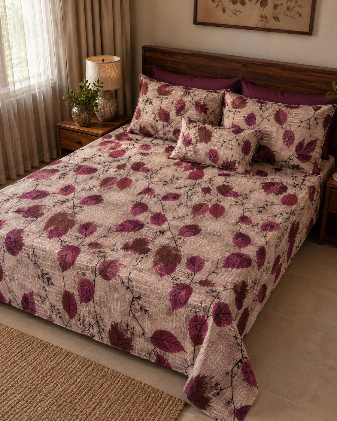 Burgundy Autumn Leaf Cotton Bedsheet Set – Vintage Botanical Print with 2 Pillow Covers
