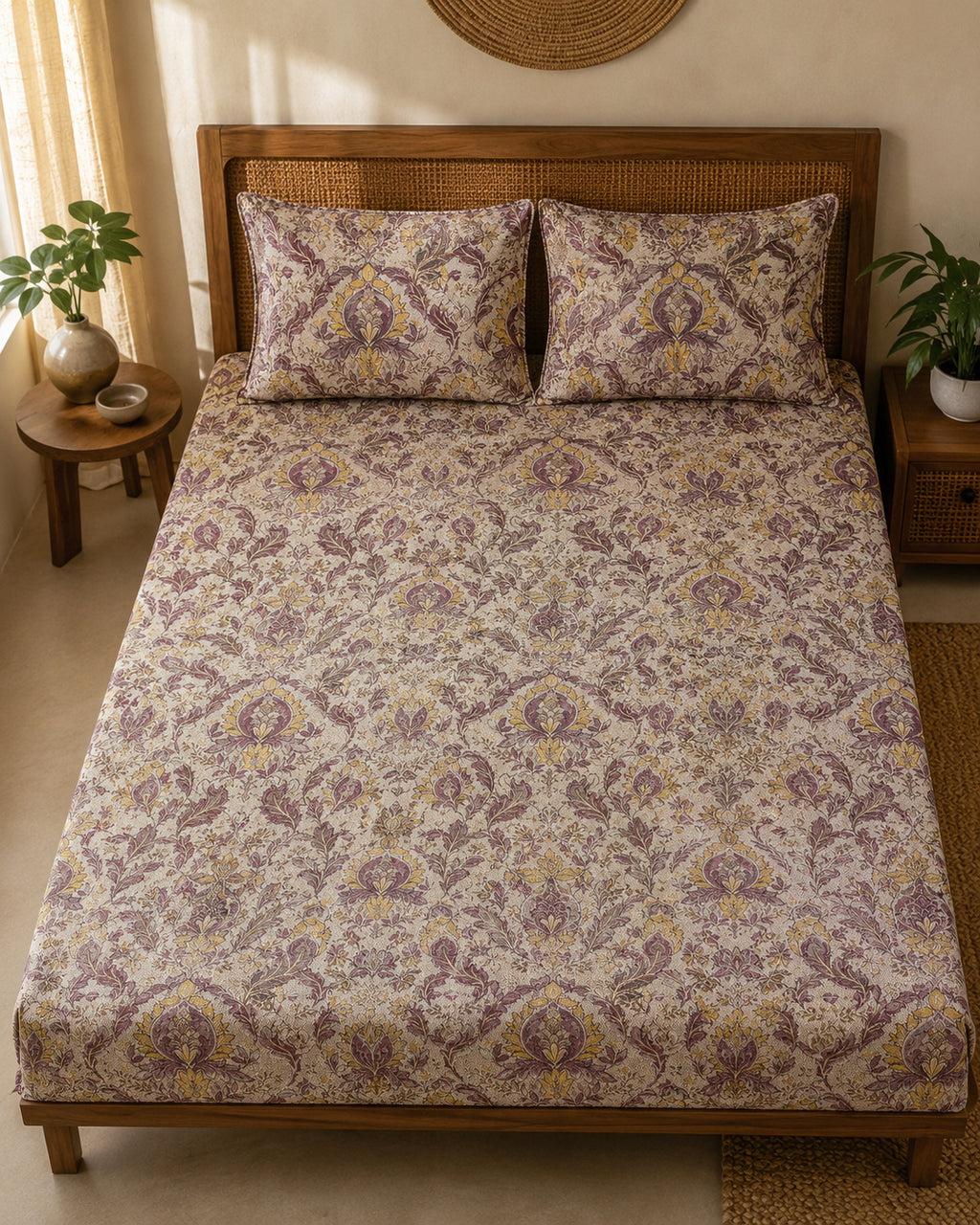 Mauve Heritage Floral Cotton Bedsheet Set – Vintage Indian Paisley Print with 2 Pillow Covers