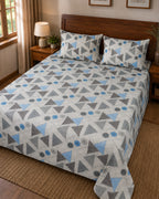Blue Geometric Floral Bedsheet Set – Modern Abstract Print with 2 Pillow Covers