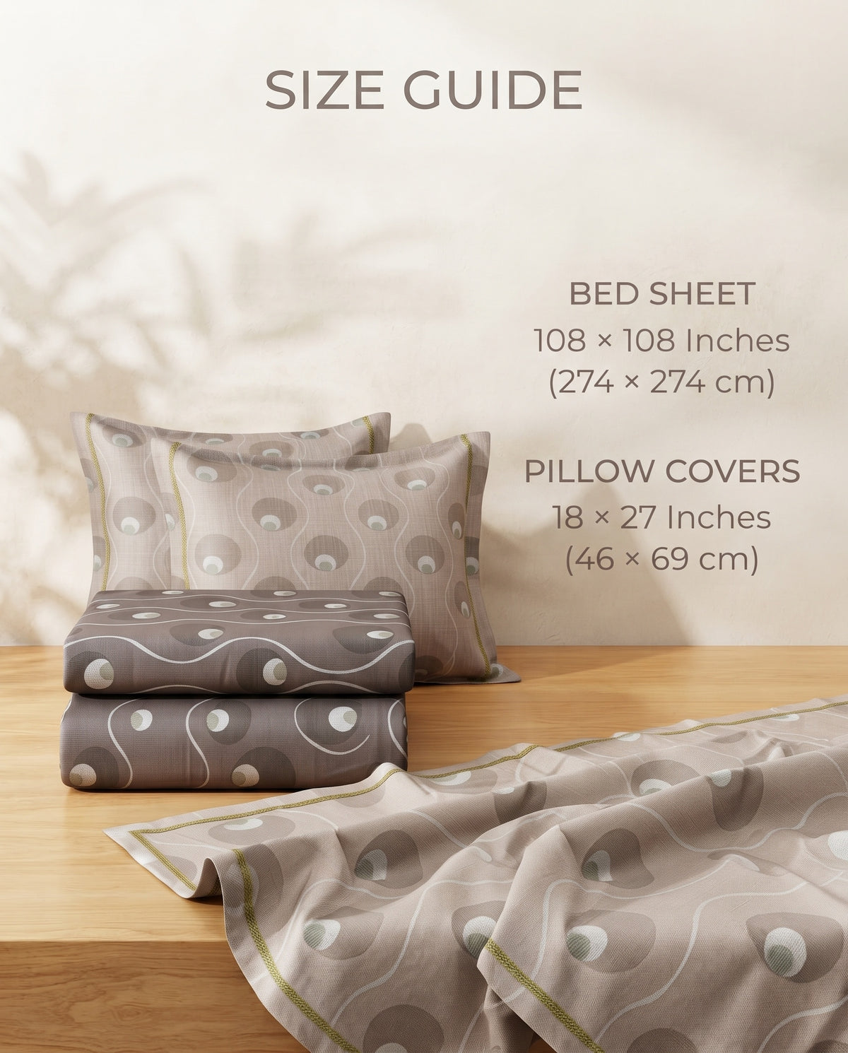 Size guide graphic showing a bedding set with a gray and beige wavy dot pattern, including two pillows and two folded sheets, displayed on a wooden surface with text detailing dimensions for bed sheet and pillow covers.