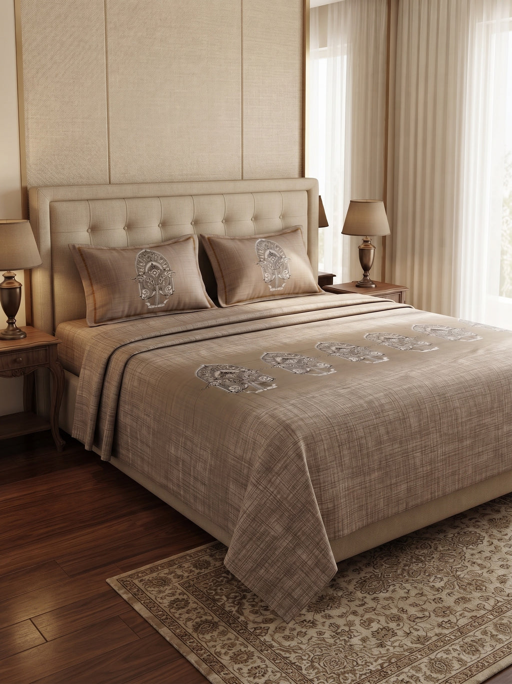 Warm Sand Beige Paisley Bedsheet Set – Elegant Indian Heritage Motif Print with 2 Pillow Covers