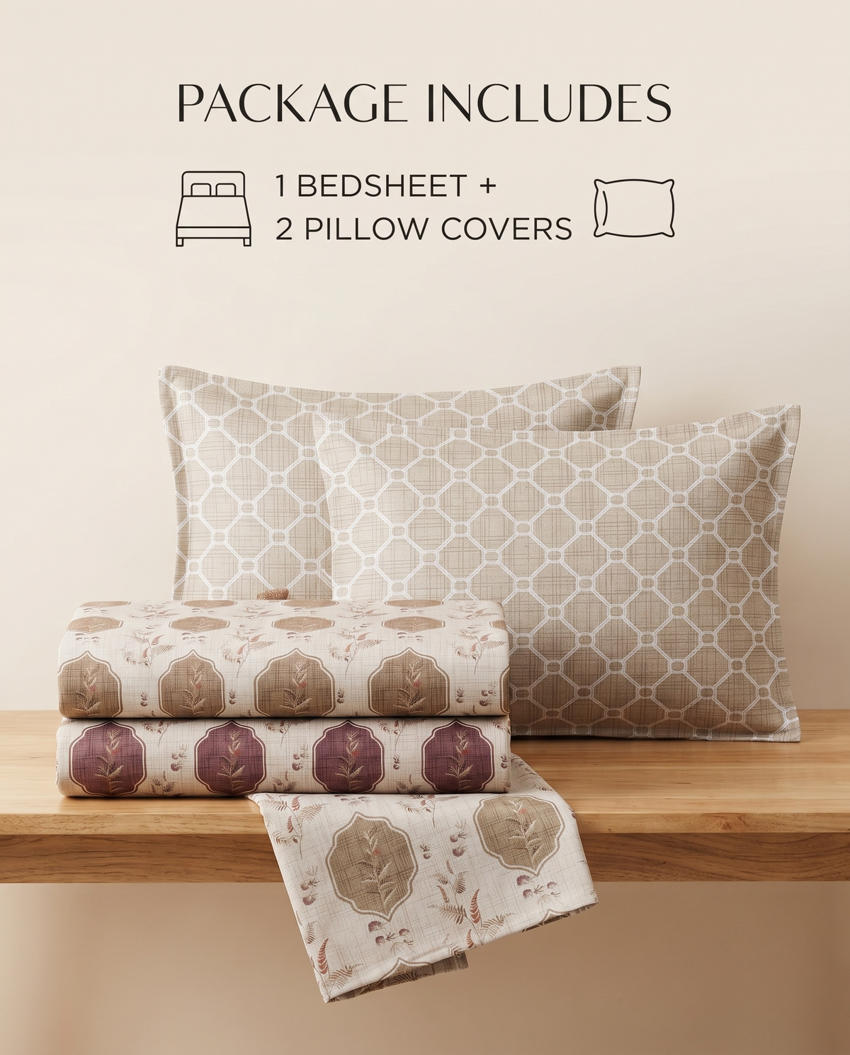 Ivory Beige Heritage Bedsheet Set – Elegant Indian Floral & Arch Motif Print with 2 Pillow Covers