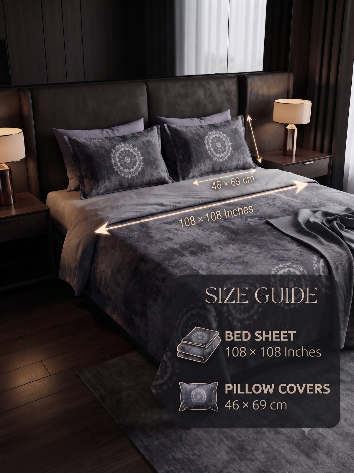Charcoal Slate Mandala Bedsheet Set – Elegant Indian Heritage Medallion Print with 2 Pillow Covers