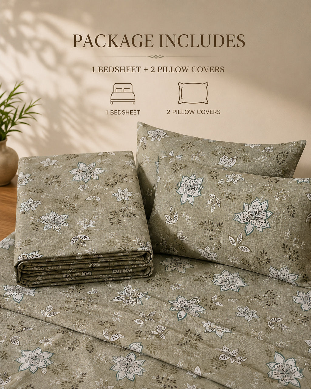 Sage Green Floral Printed Cotton Bedsheet Set with 2 Pillow Covers – Botanical Bloom