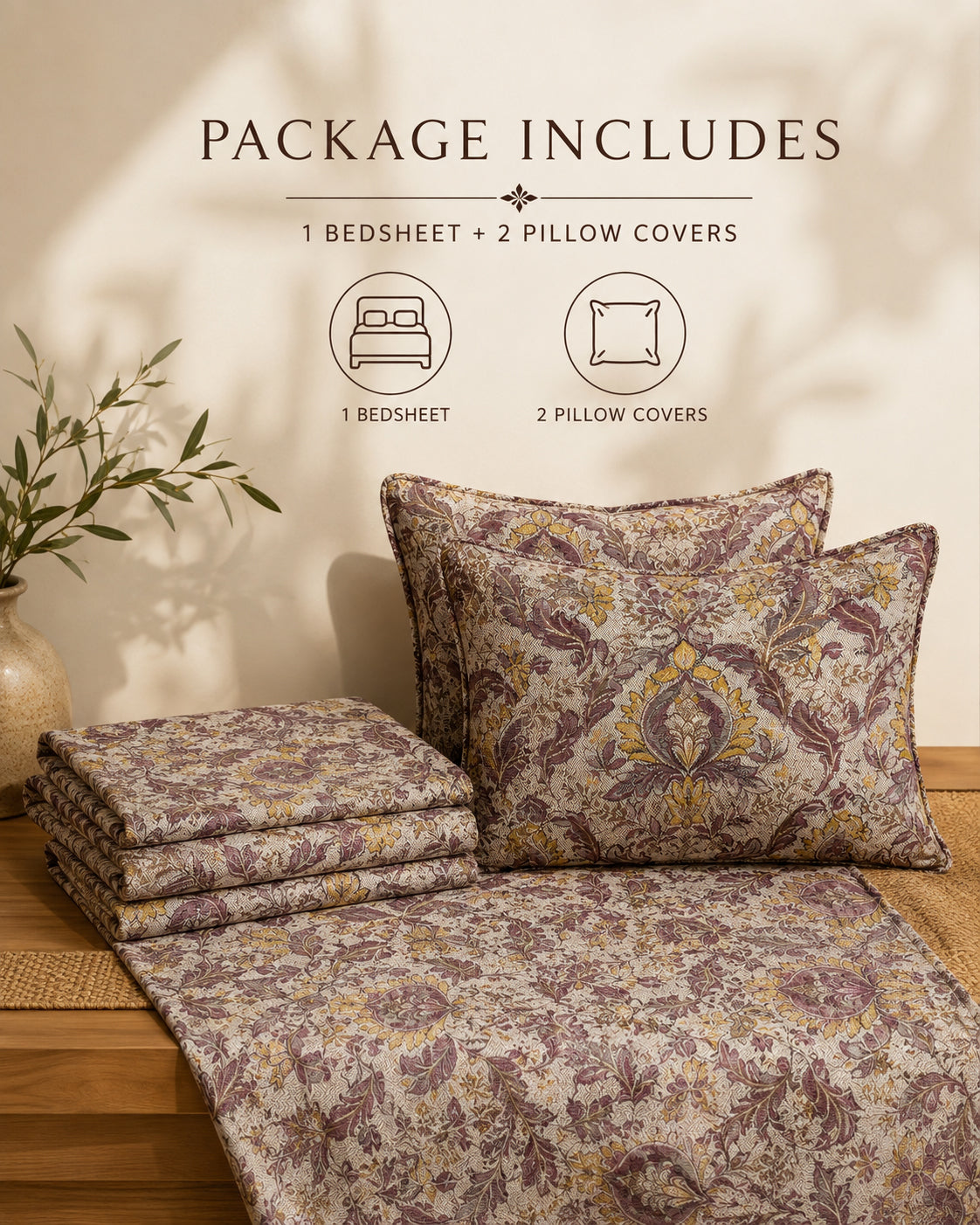 Mauve Heritage Floral Cotton Bedsheet Set – Vintage Indian Paisley Print with 2 Pillow Covers