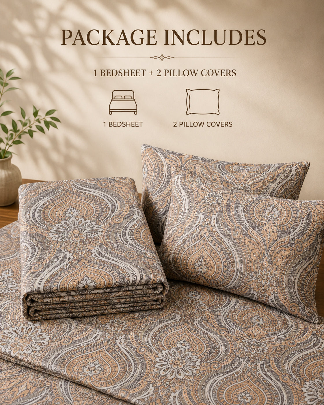 Brown Paisley Bedsheet Set – Traditional Floral Paisley Print with 2 Pillow Covers