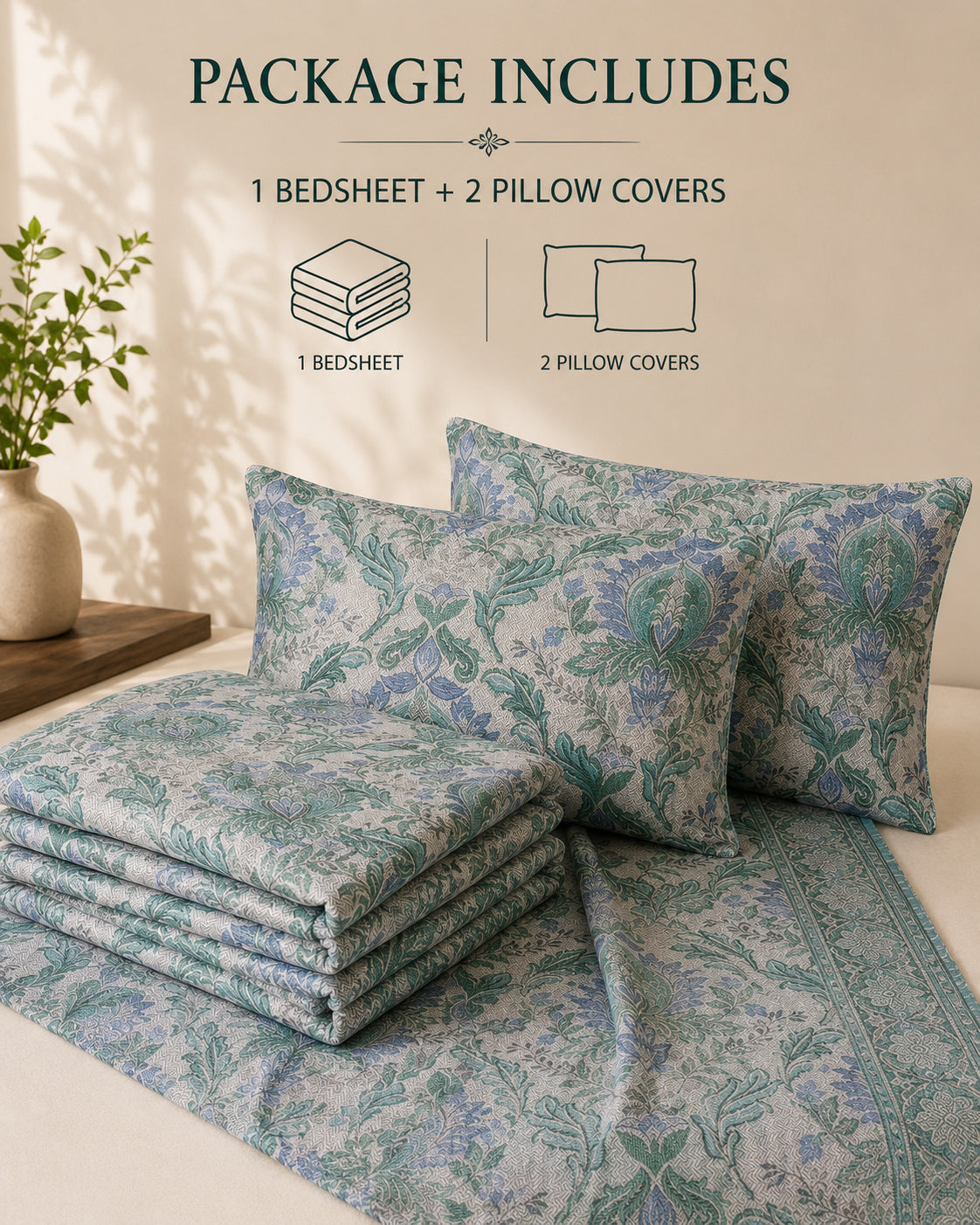 A bedding set displayed on a bed with a folded bedsheet and two patterned pillow covers. The set features a blue and green floral/medallion print on a light beige background.