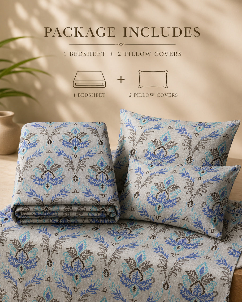 Blue Floral Heritage Bedsheet Set – Elegant Indian Motif Print with 2 Pillow Covers