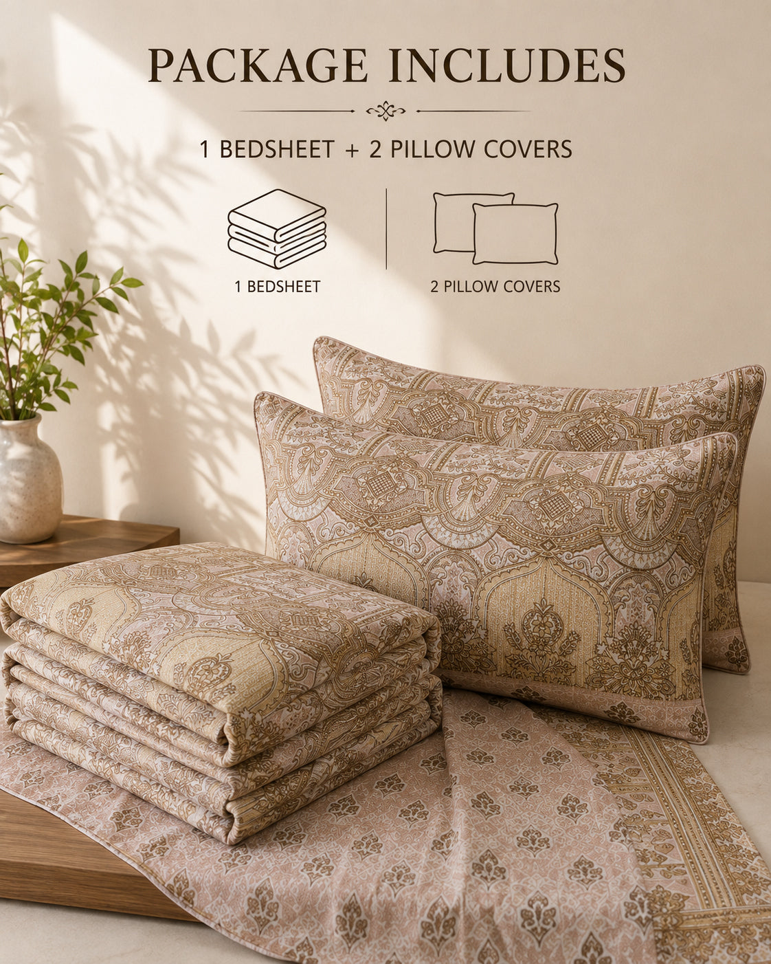 A bedding set displayed on a bed in a styled room scene, with two patterned pillowcases and a matching folded bedsheet. Text at the top reads 'PACKAGE INCLUDES 1 BEDSHEET + 2 PILLOW COVERS' with simple line drawings indicating the included pieces.