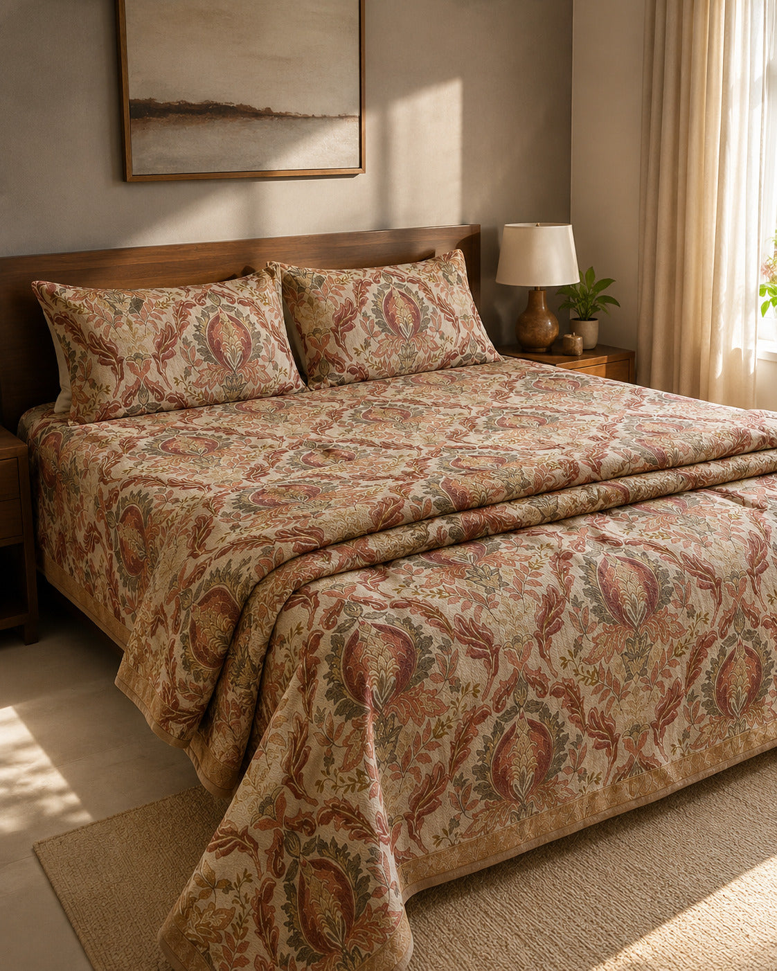 A neatly made bed in a warm, softly lit bedroom featuring a beige quilt and matching pillow shams with an intricate rust-red and olive green paisley pattern. The bed is styled with a dark wood headboard, a bedside lamp, and a neutral-toned wall with a framed painting.