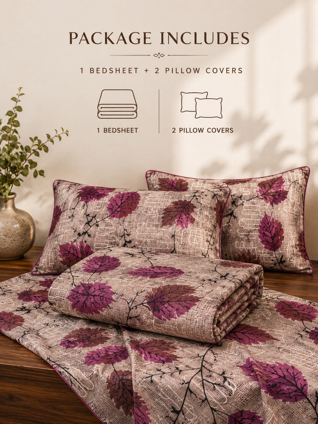 Burgundy Autumn Leaf Cotton Bedsheet Set – Vintage Botanical Print with 2 Pillow Covers