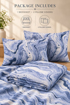 A bedding set displayed on a bed in a styled bedroom scene, featuring a blue and white marbled pattern. The image includes text overlays at the top stating 'PACKAGE INCLUDES 1 BEDSHEET + 2 PILLOW COVERS' with simple line icons.