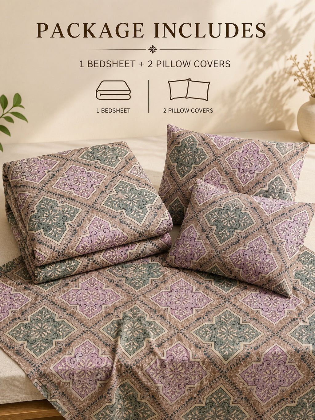 A bedding set displayed on a bed, including a patterned bedsheet and two matching pillow covers. The top of the image features text reading 'PACKAGE INCLUDES 1 BEDSHEET + 2 PILLOW COVERS' with simple line icons indicating the contents.