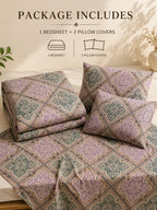 A bedding set displayed on a bed, including a patterned bedsheet and two matching pillow covers. The top of the image features text reading 'PACKAGE INCLUDES 1 BEDSHEET + 2 PILLOW COVERS' with simple line icons indicating the contents.