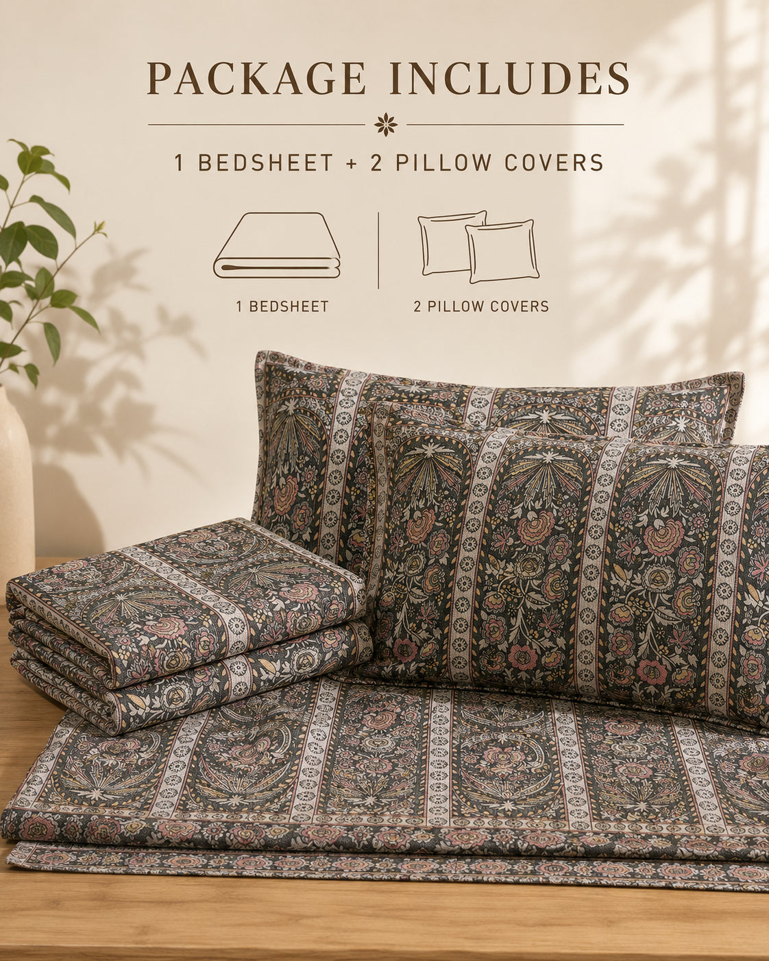 A bedding set displayed on a wooden surface against a warm beige wall, with text at the top stating 'PACKAGE INCLUDES 1 BEDSHEET + 2 PILLOW COVERS' and simple line drawings indicating the included items. The bedding has an ornate floral and paisley pattern in muted gray, beige, and dusty pink tones.
