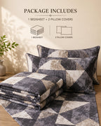 Charcoal Geo Cotton Bedsheet Set – Modern Abstract Geometric Print with 2 Pillow Covers