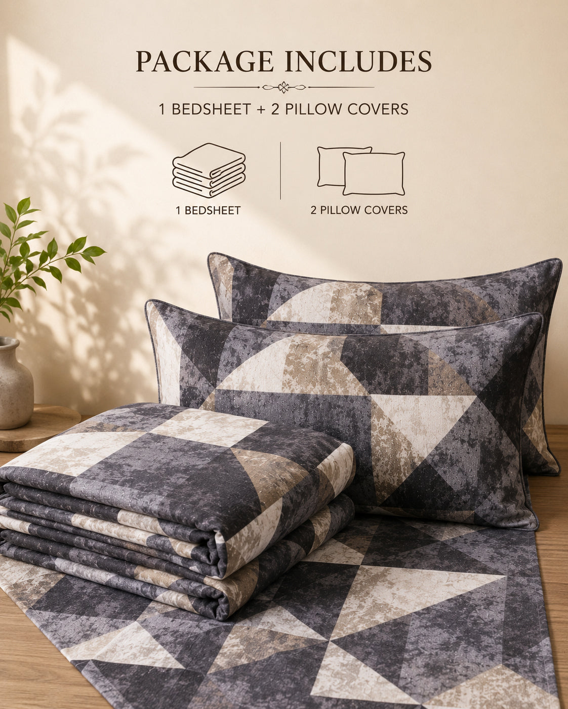 Charcoal Geo Cotton Bedsheet Set – Modern Abstract Geometric Print with 2 Pillow Covers