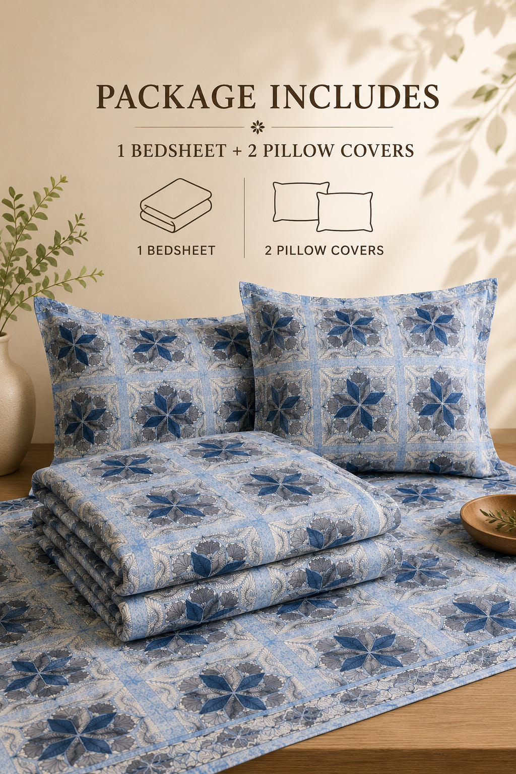 A bedding set displayed on a bed with two matching pillowcases and a folded bedsheet, featuring a blue and white floral geometric pattern. Text at the top reads 'PACKAGE INCLUDES 1 BEDSHEET + 2 PILLOW COVERS' with simple line icons, set against a warm beige wall with decorative shadows and a vase of greenery.