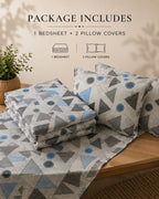 Blue Geometric Floral Bedsheet Set – Modern Abstract Print with 2 Pillow Covers