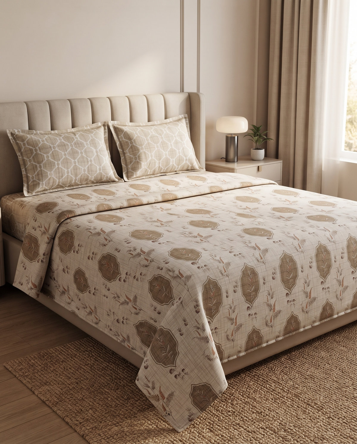 Ivory Beige Heritage Bedsheet Set – Elegant Indian Floral & Arch Motif Print with 2 Pillow Covers