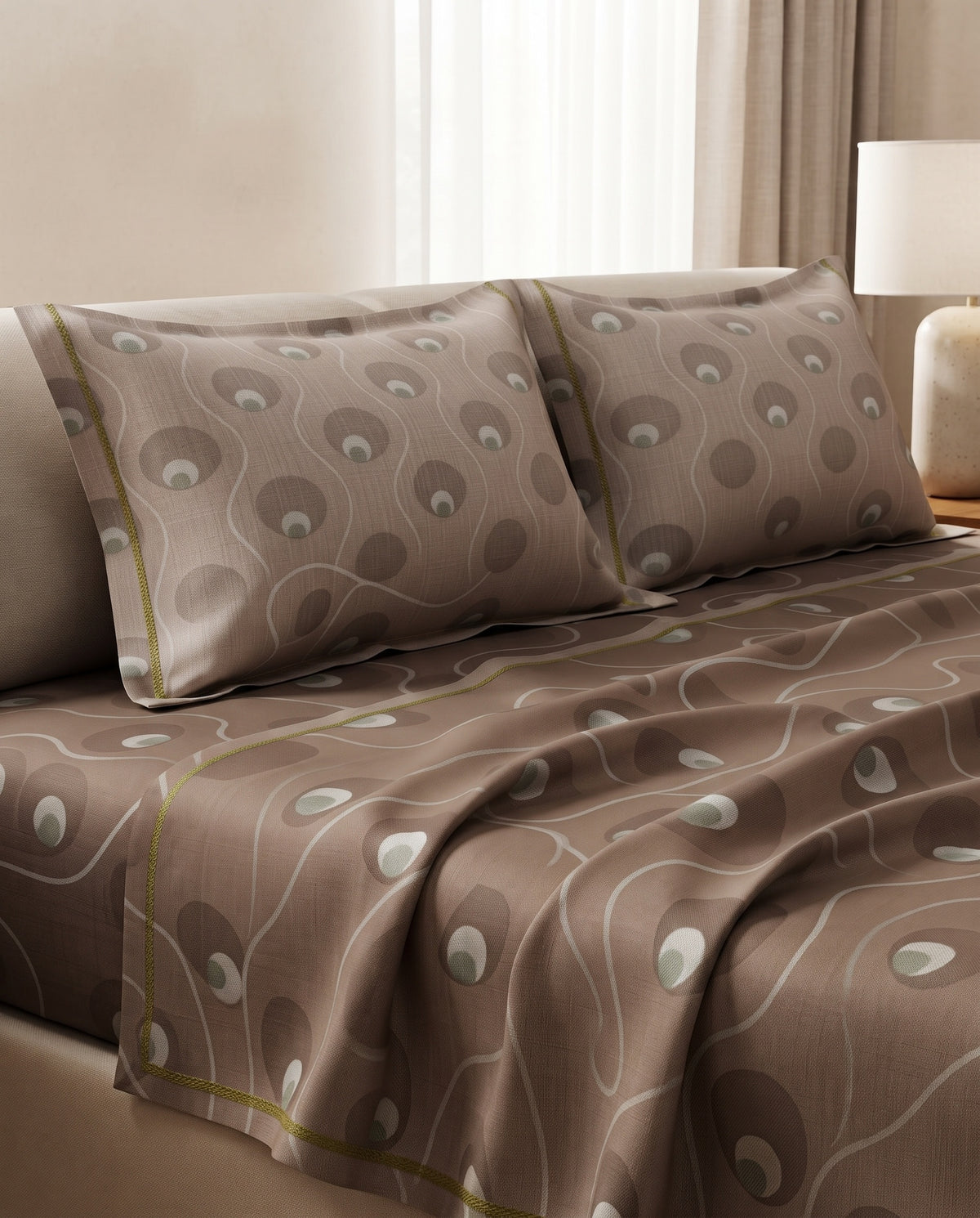 A bed dressed in a brown bedding set with a matching duvet cover and two pillowcases, featuring a wavy abstract pattern in taupe and white with thin olive-green piping, shown in a softly lit bedroom setting.