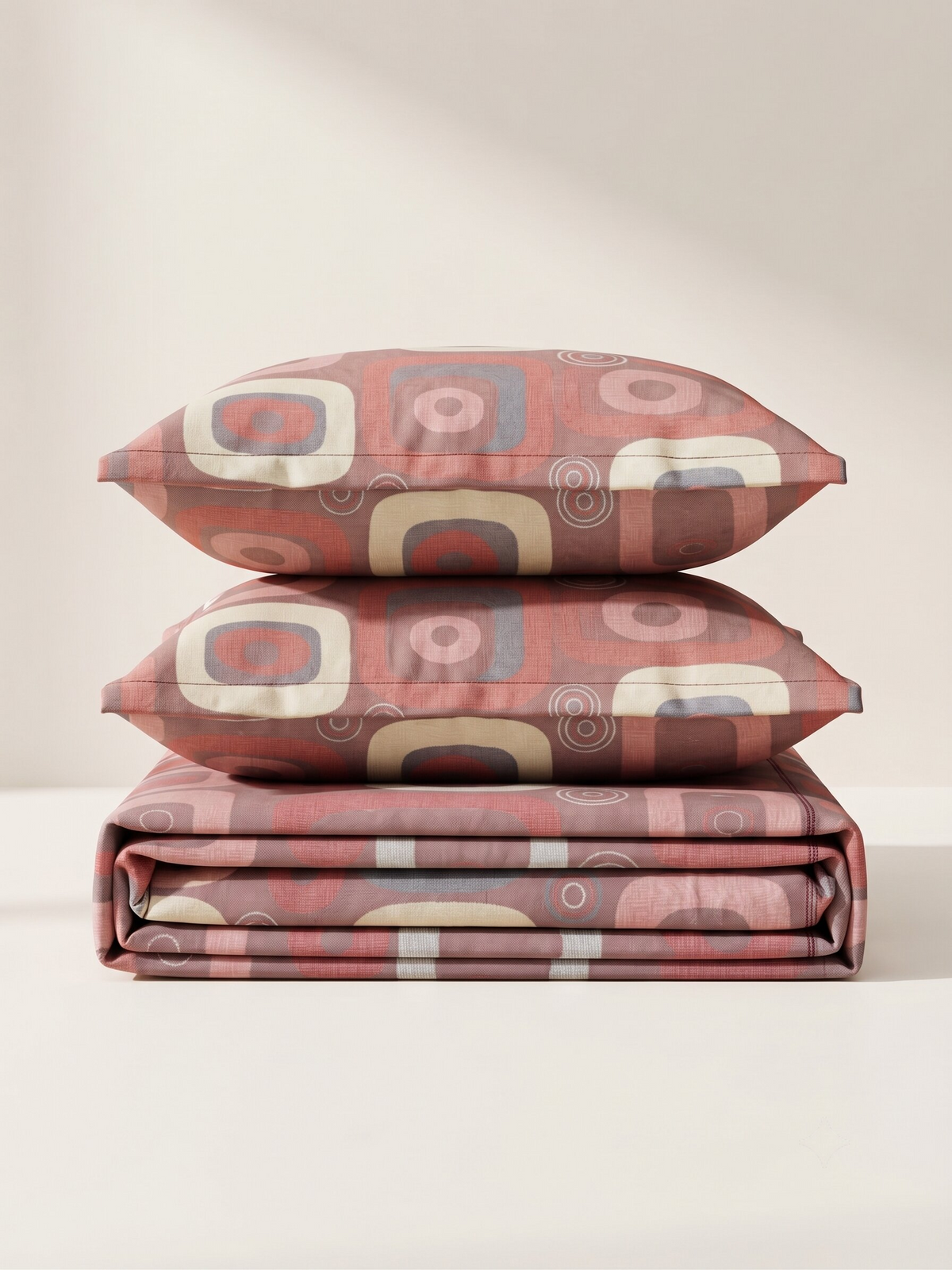 A folded bedding set with two matching pillowcases stacked on top of each other, featuring a retro mid-century modern geometric pattern in dusty red, beige, and gray on a warm cream background.