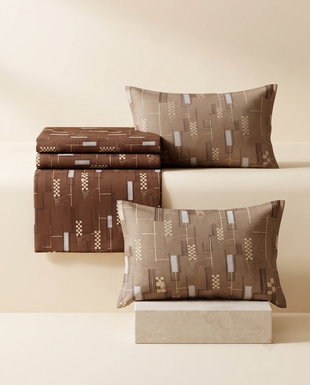 Espresso Brown Geometric Bedsheet Set – Japanese Contemporary Abstract Print with 2 Pillow Covers