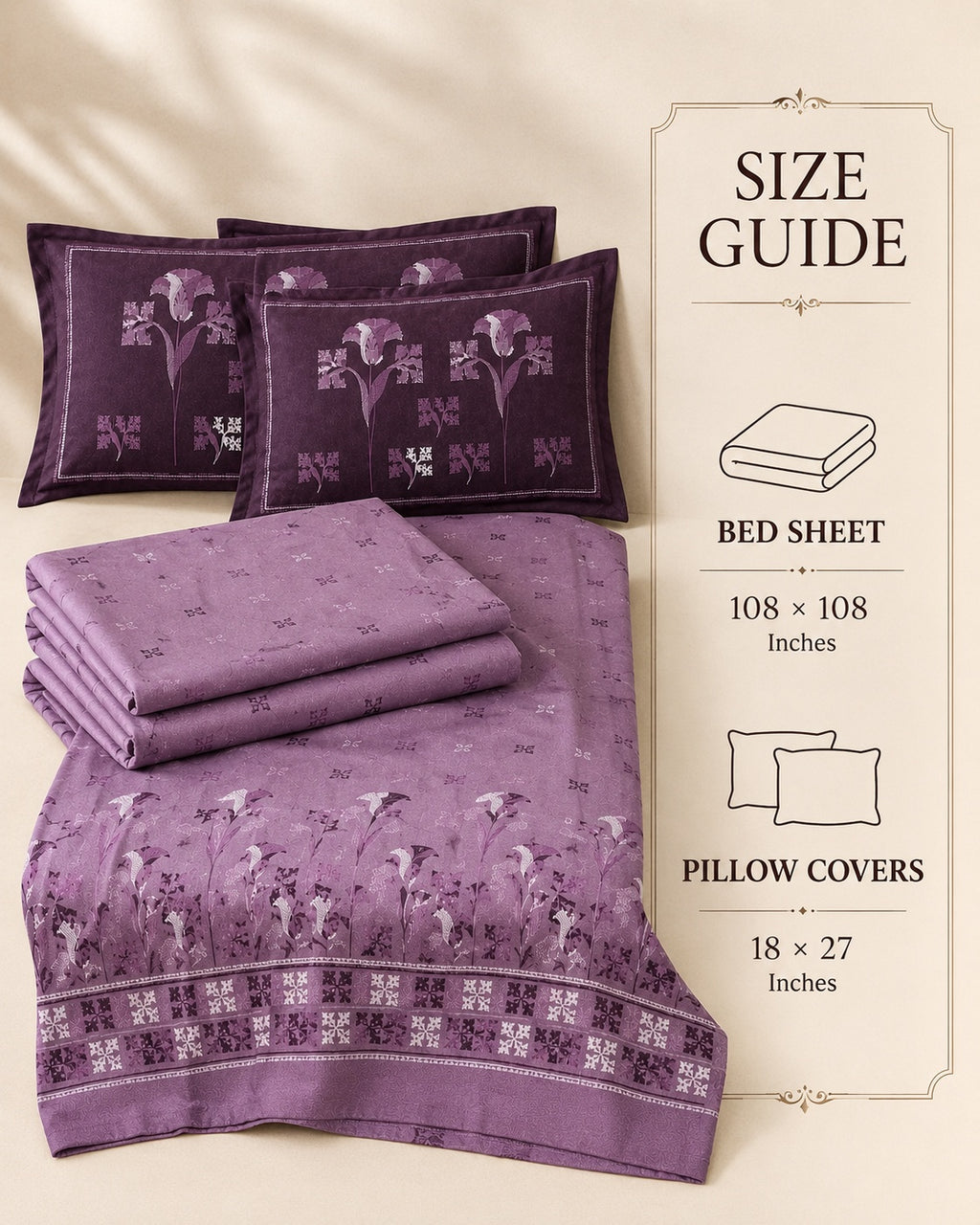 Lavender Floral Bedsheet Set – Elegant Botanical Bloom Print with Paris Heritage Design & 2 Pillow Covers