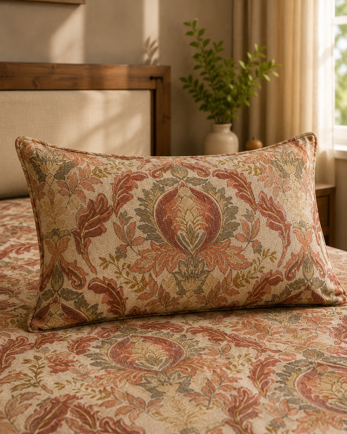 A rectangular decorative throw pillow with an ornate floral tapestry pattern in rust, beige, and muted green, resting on a matching patterned bedspread in a softly lit bedroom.