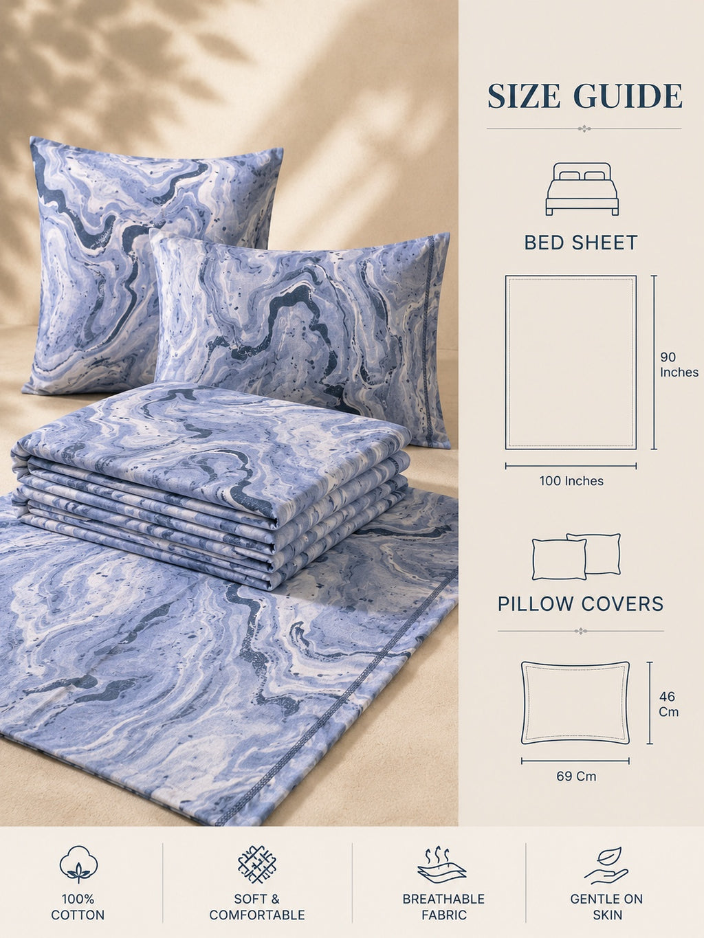 Blue and white marble-patterned bed sheet set with matching pillowcases, shown alongside a size guide diagram on a beige background with soft leaf shadows.