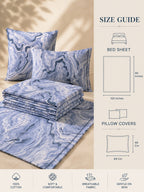 Blue and white marble-patterned bed sheet set with matching pillowcases, shown alongside a size guide diagram on a beige background with soft leaf shadows.