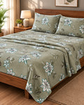 Sage Green Floral Printed Cotton Bedsheet Set with 2 Pillow Covers – Botanical Bloom