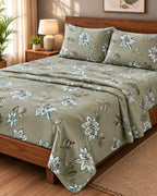 Sage Green Floral Printed Cotton Bedsheet Set with 2 Pillow Covers – Botanical Bloom