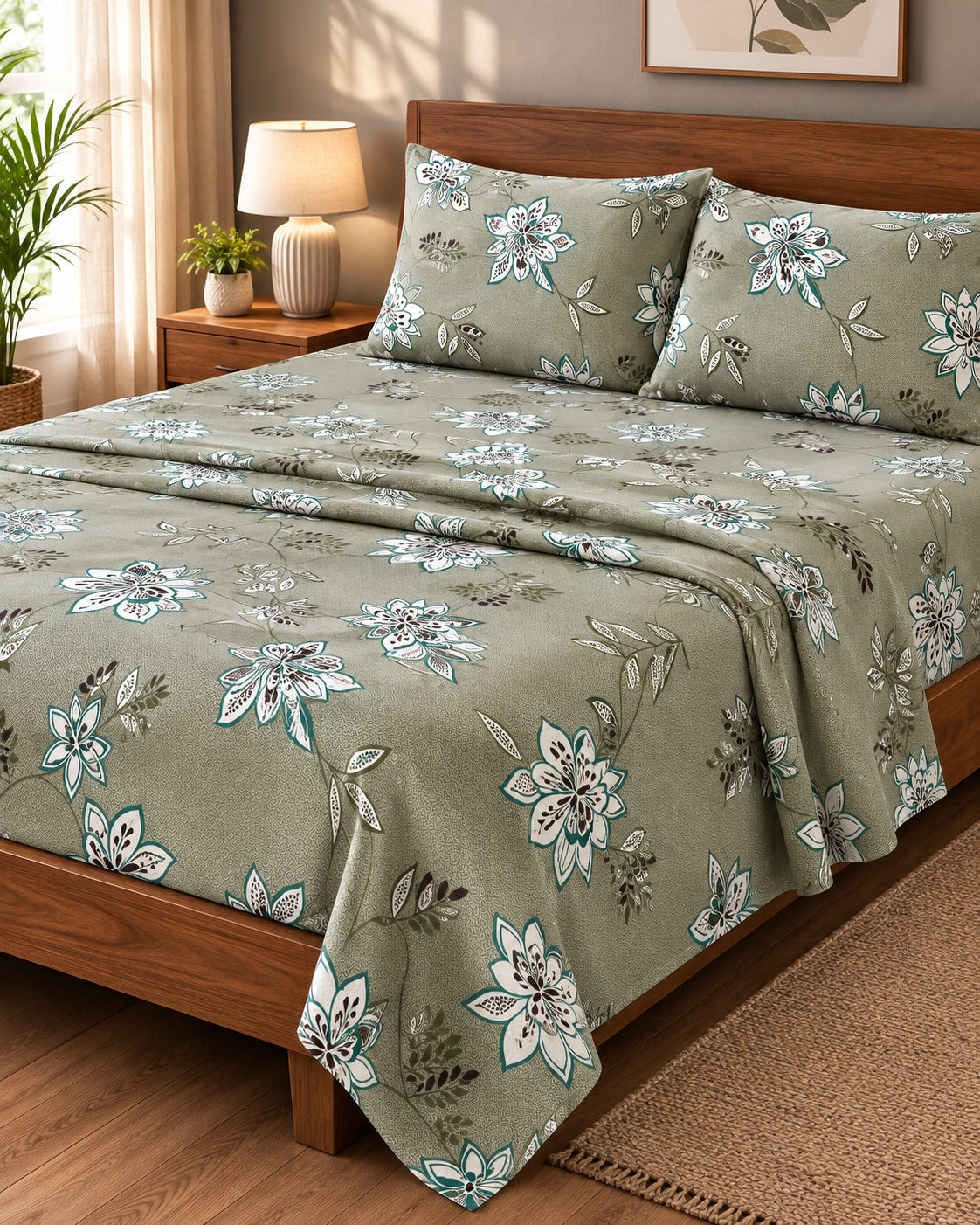 Sage Green Floral Printed Cotton Bedsheet Set with 2 Pillow Covers – Botanical Bloom